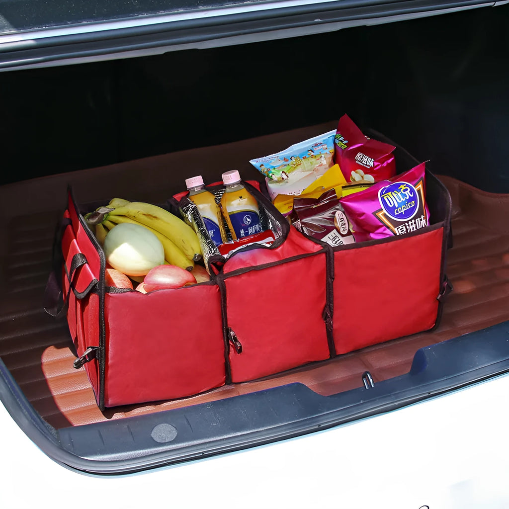 Foldable Oxford cloth car boot organiser in blue or red, unfolded size 57 x 31 x 39 cm.