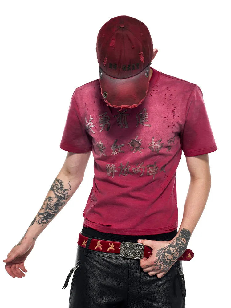 Red men's slim fit t-shirt with distressed dirty wash effect and short sleeves