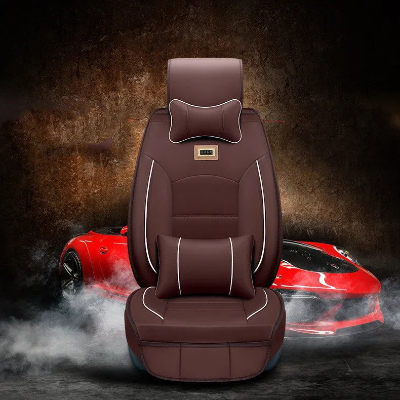 Five-seat car seat cushion cover set in leather-style material with cotton filler, available in multiple colours
