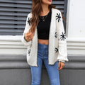 Plus size jacquard flower off-neck knitted cardigan coat in beige or orange, loose thin acrylic, sizes S to XL