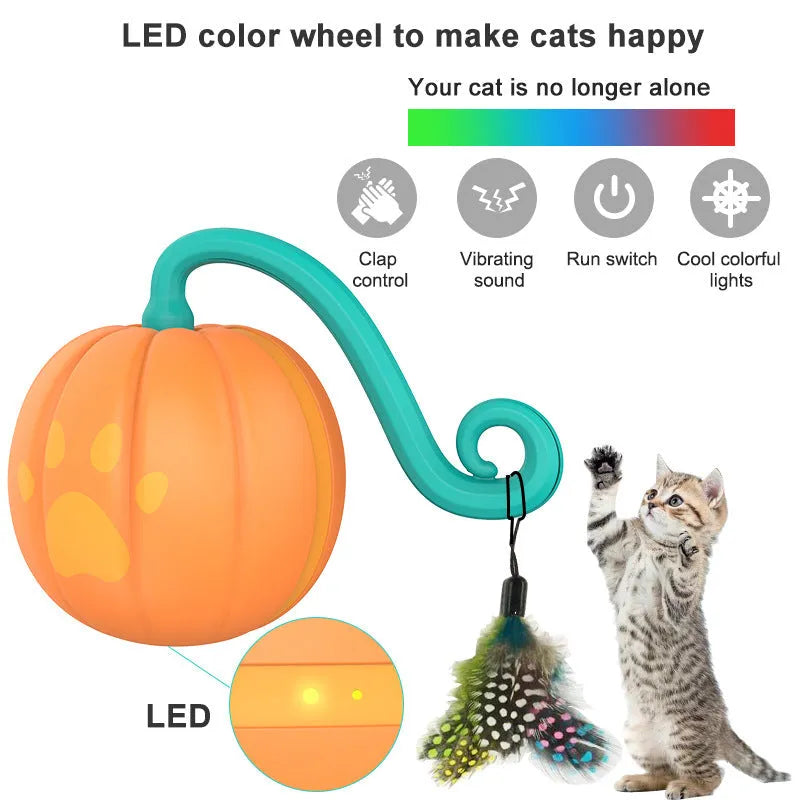 Electric cat toy ball with LED light in watermelon design showing automatic movement pattern