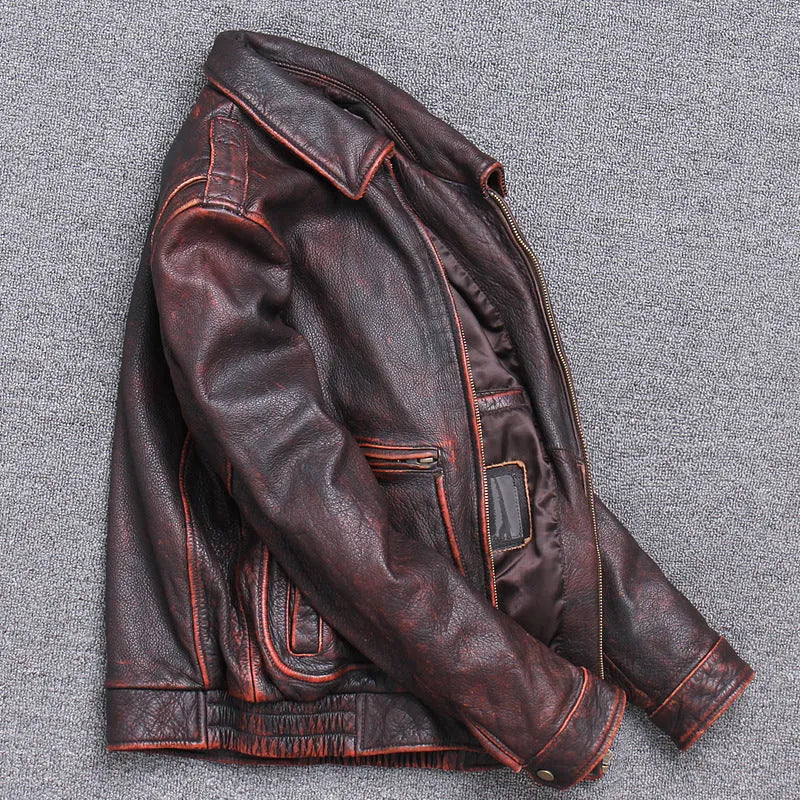 Men's thick cowhide leather jacket short length lapel collar ribbed hem grey colour