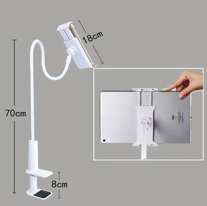 Black aluminium alloy and plastic bedside phone handset with long arm extended on a wooden table.