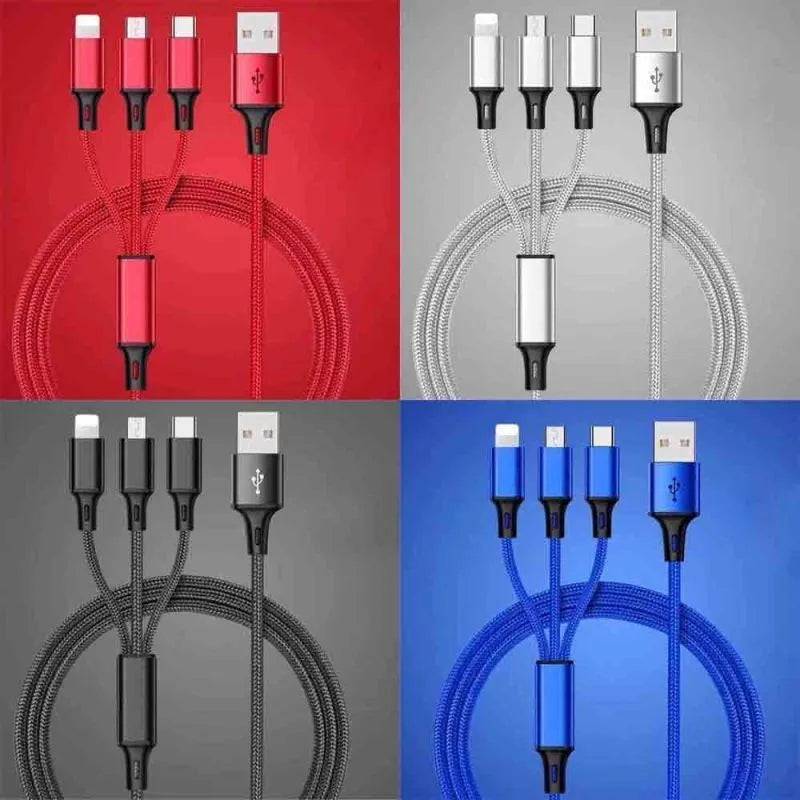 Braided 3-in-1 universal charging cable with aluminium alloy connectors for iPhone Android and Type-C devices