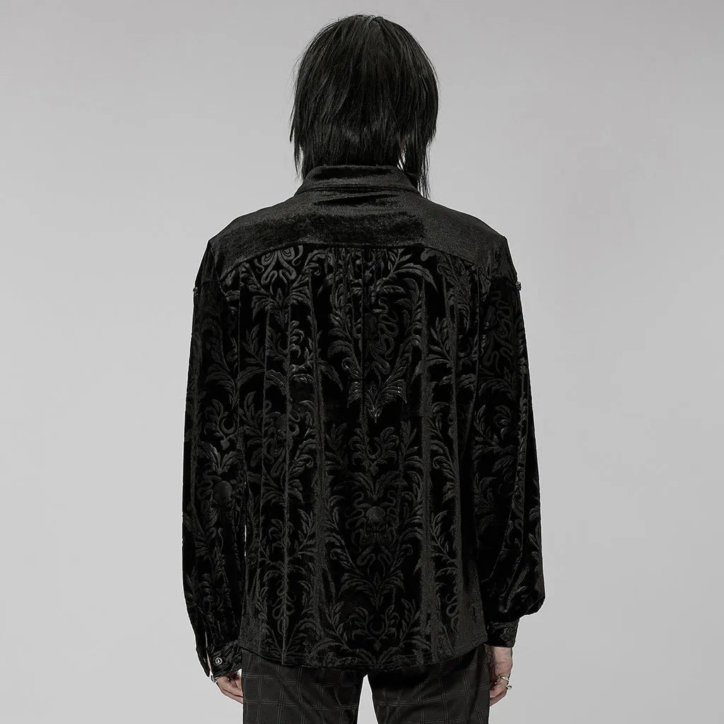 Black velvet men's shirt with pointed collar, long sleeves, and printed flocked Gothic preppy design detail.