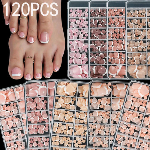 120 piece box of French white edge nude artificial toenails in nine shades, square short shape for toes.