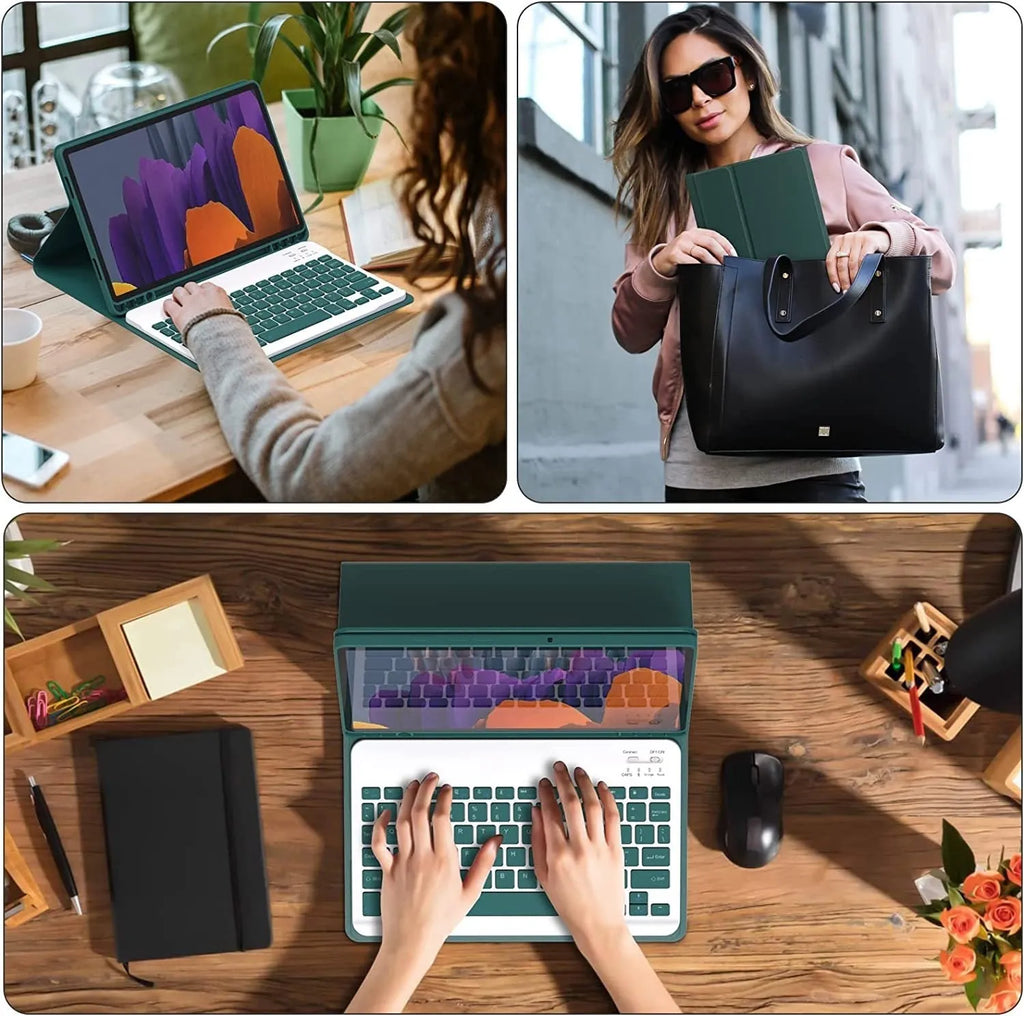 Samsung Galaxy tablet in a matte TPU protective case with a detached Bluetooth keyboard and charging mouse
