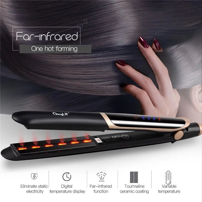 Black professional hair straightener curler flat iron with ceramic tourmaline plates and LED display