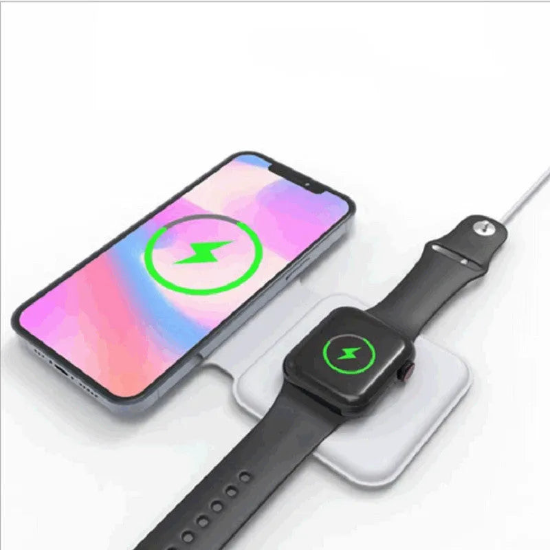 White foldable magnetic wireless charger showing 180° positioning with dual charging surfaces
