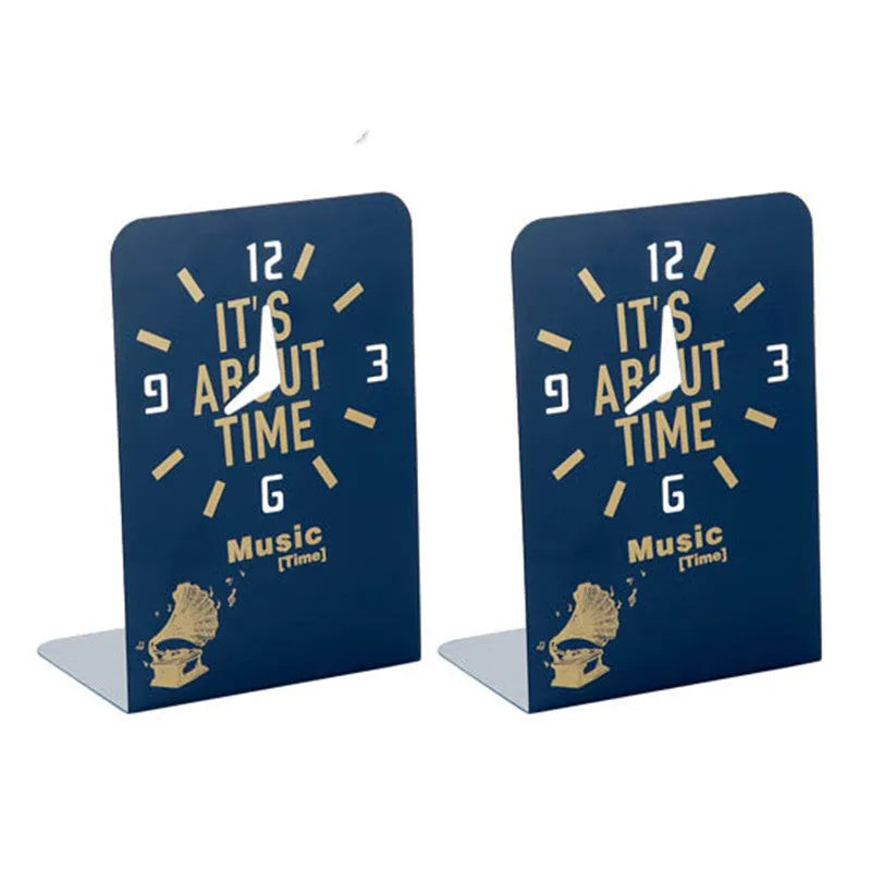 Set of two iron hollow L-shaped bookends in Clock Blue colour on a desk holding books upright