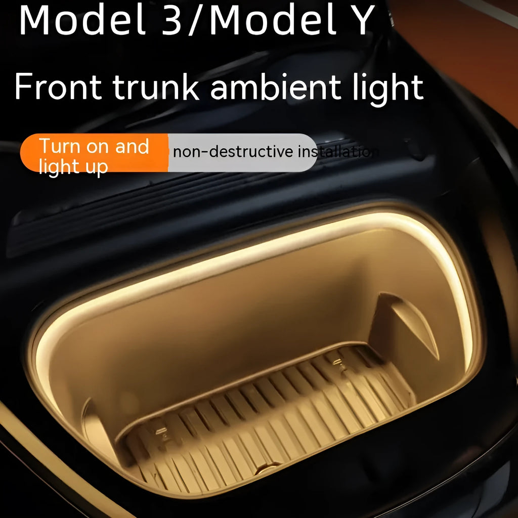 Tesla Model 3 and Y front backup box ambience light kit with soft silicone light bar in three colour options.