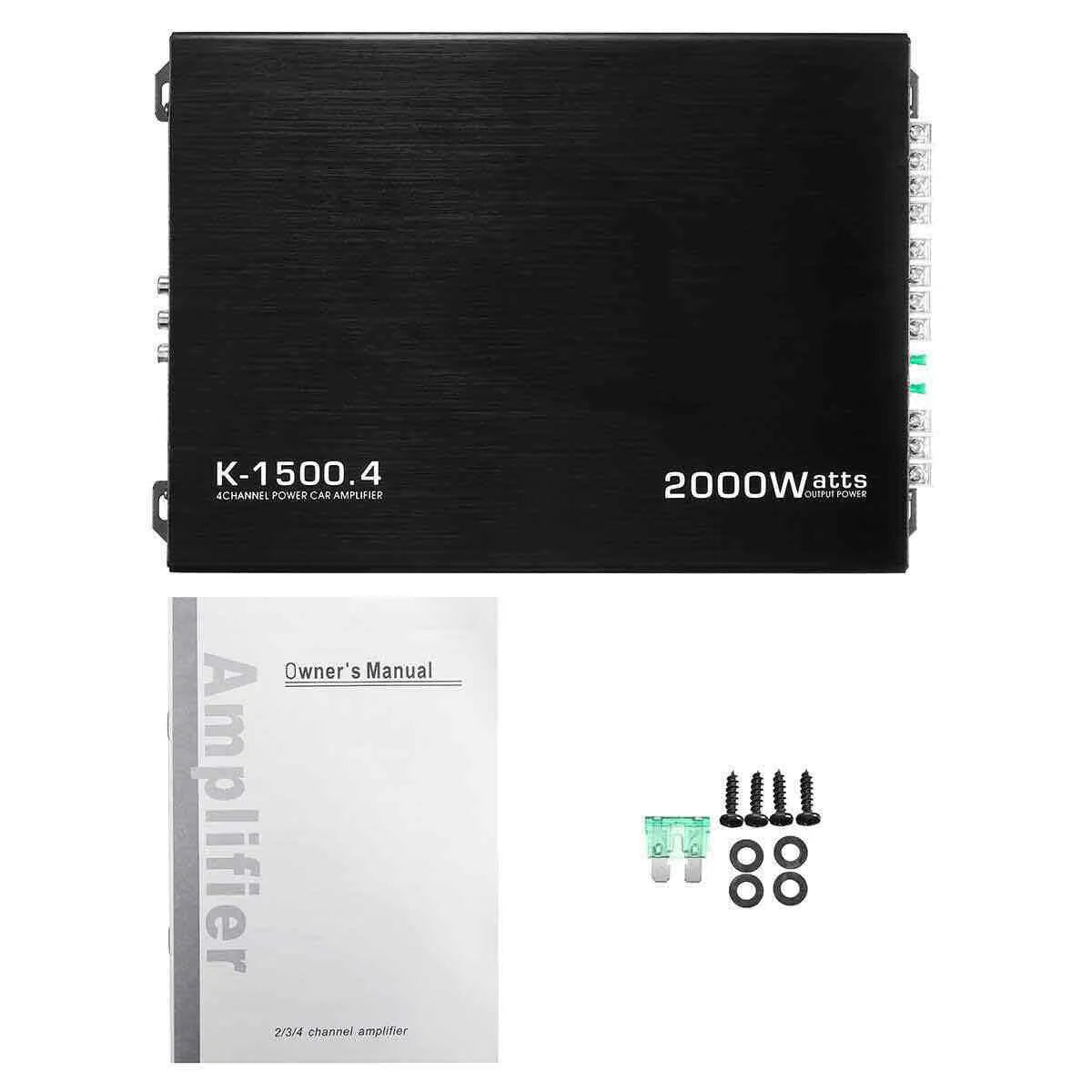 12V 4-channel 2000W AB class car audio power amplifier in black with slim chassis