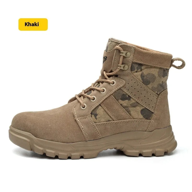 Khaki high-top suede combat boots with steel toe caps and front lace-up closure