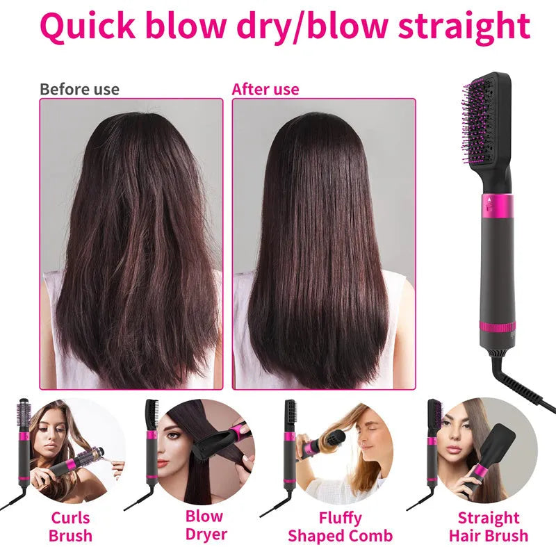 Dyson grey 5-in-1 hair dryer brush with multiple brush attachments for styling