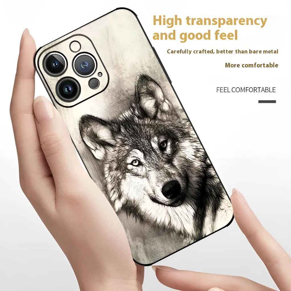 Animal glass phone case for iPhone with painted tiger, owl, or lion design and black back cover