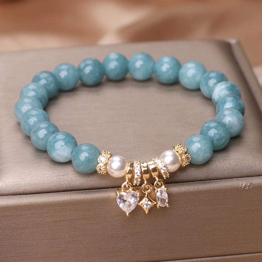 Blue water jade agate bracelet for women with heart-shaped zircon XINGX pendant, ethnic style handmade jewellery