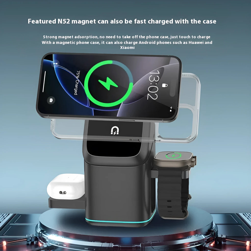 Black magnetic wireless charging stand showing phone attachment and 180-degree rotation adjustment