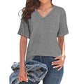 Grey loose fit men's V-neck T-shirt with a chest pocket on a solid background.