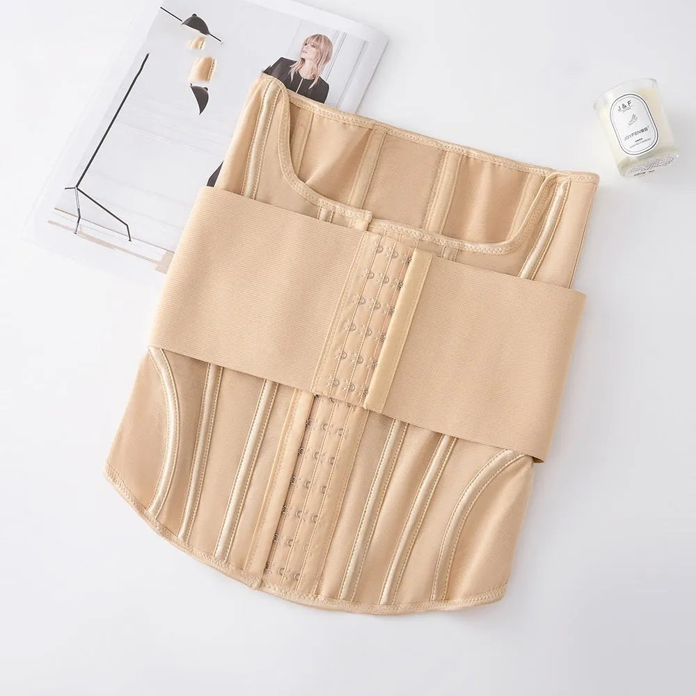 Nylon belly band waist trainer in apricot and black colours with belt tie