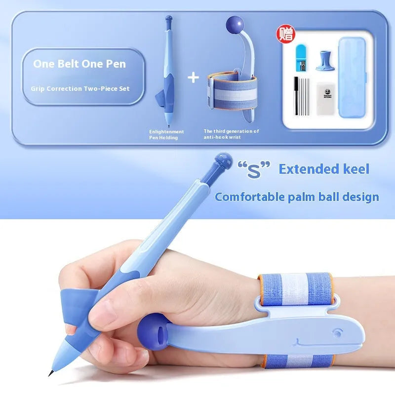 Blue anti-hook wrist brace corrector for handwriting posture and pencil grip training