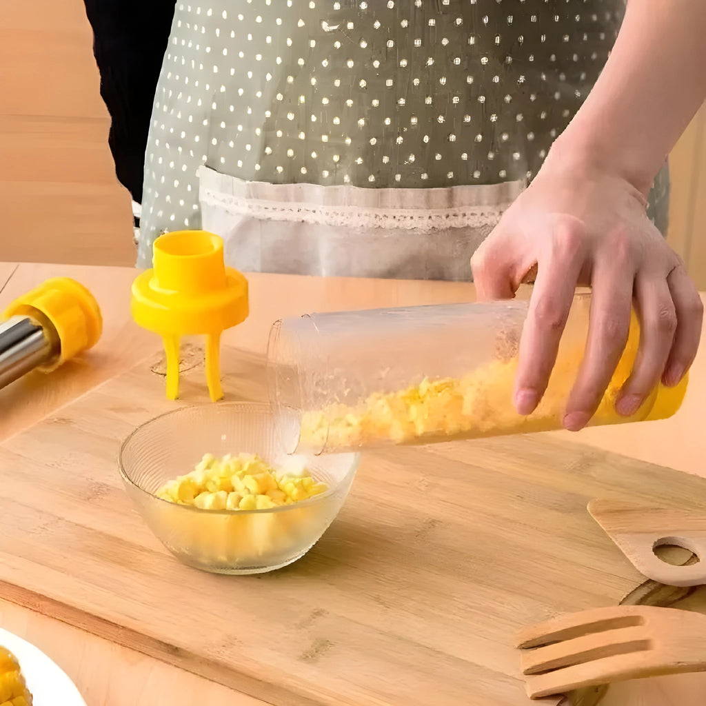Yellow cylindrical corn stripper tool with stainless steel blades for removing kernels.