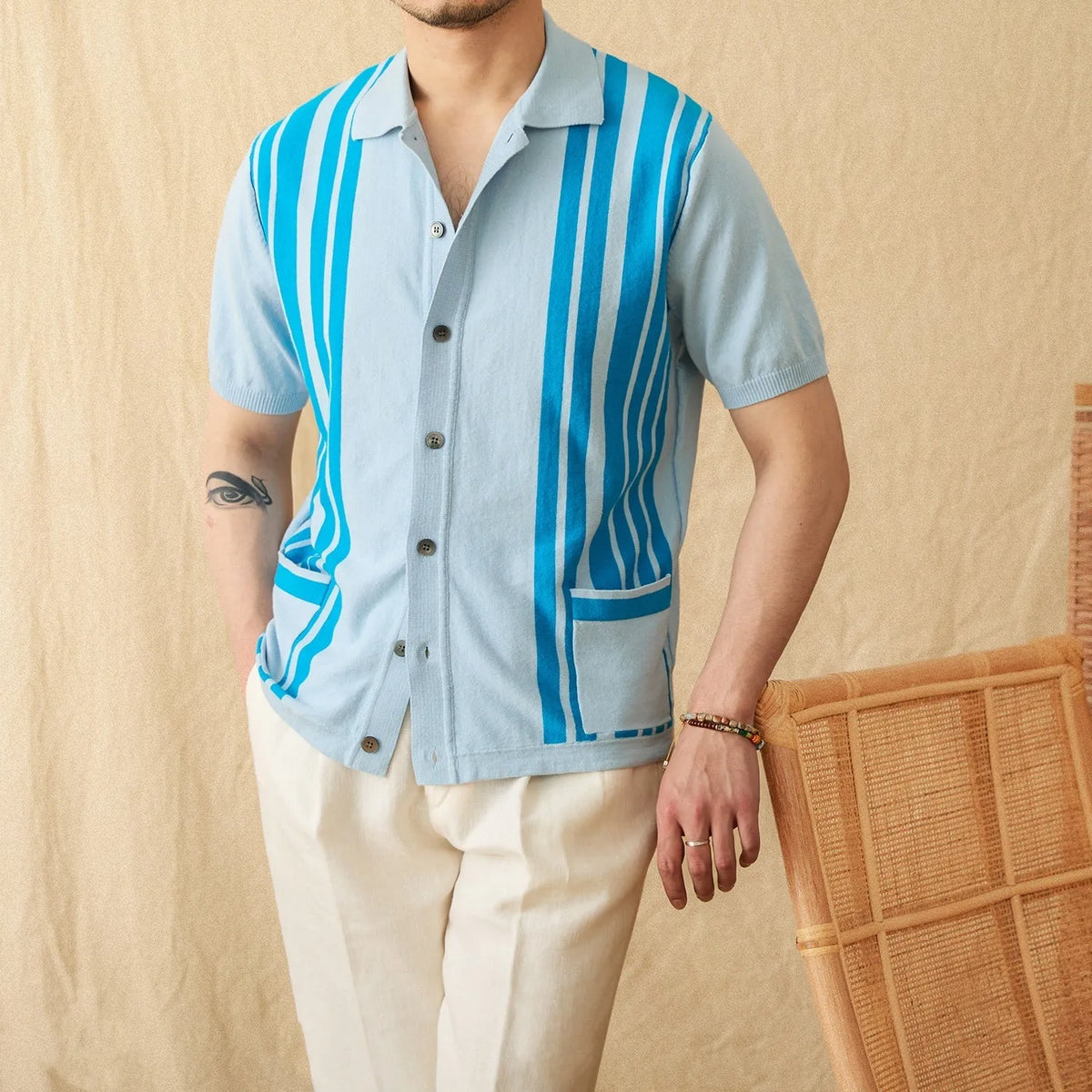 Cotton striped short-sleeve cardigan polo shirt with lapel collar in light blue colour