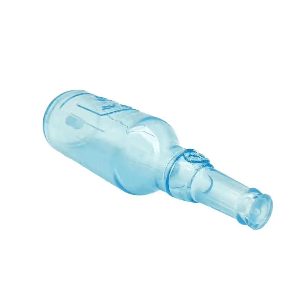 Blue natural rubber squeaky dog toy shaped like a water bottle for chewing and interactive play.