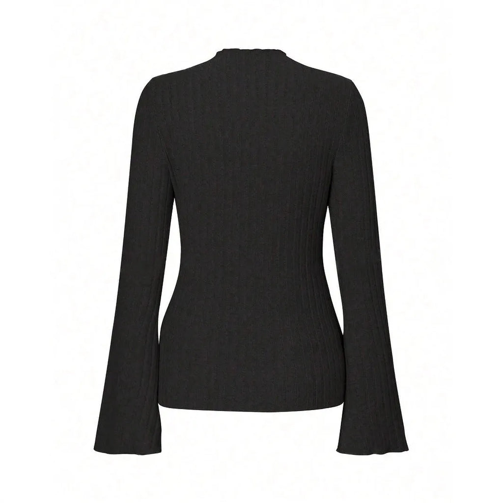 Black long sleeve slim fit top with lantern sleeves and a sunken stripe pattern