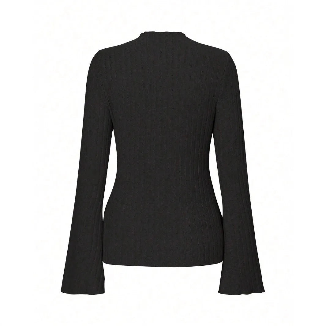 Black long sleeve slim fit top with lantern sleeves and a sunken stripe pattern