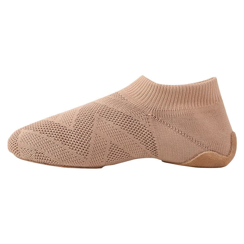 Solid colour Latin dance shoes with cotton mesh upper and leather sole in camel colour options