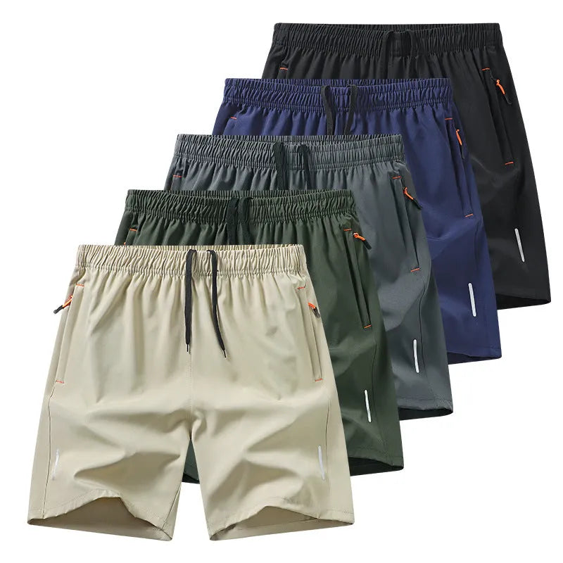 Men's thin polyester athletic shorts for summer, straight-leg sports style, in black grey blue army green khaki.