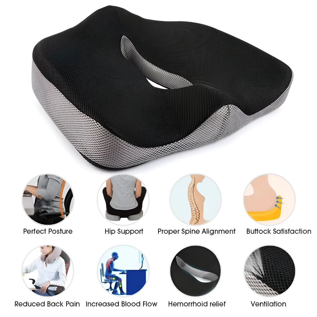 Black gray memory foam coccyx cushion with breathable mesh cover for tailbone pain relief