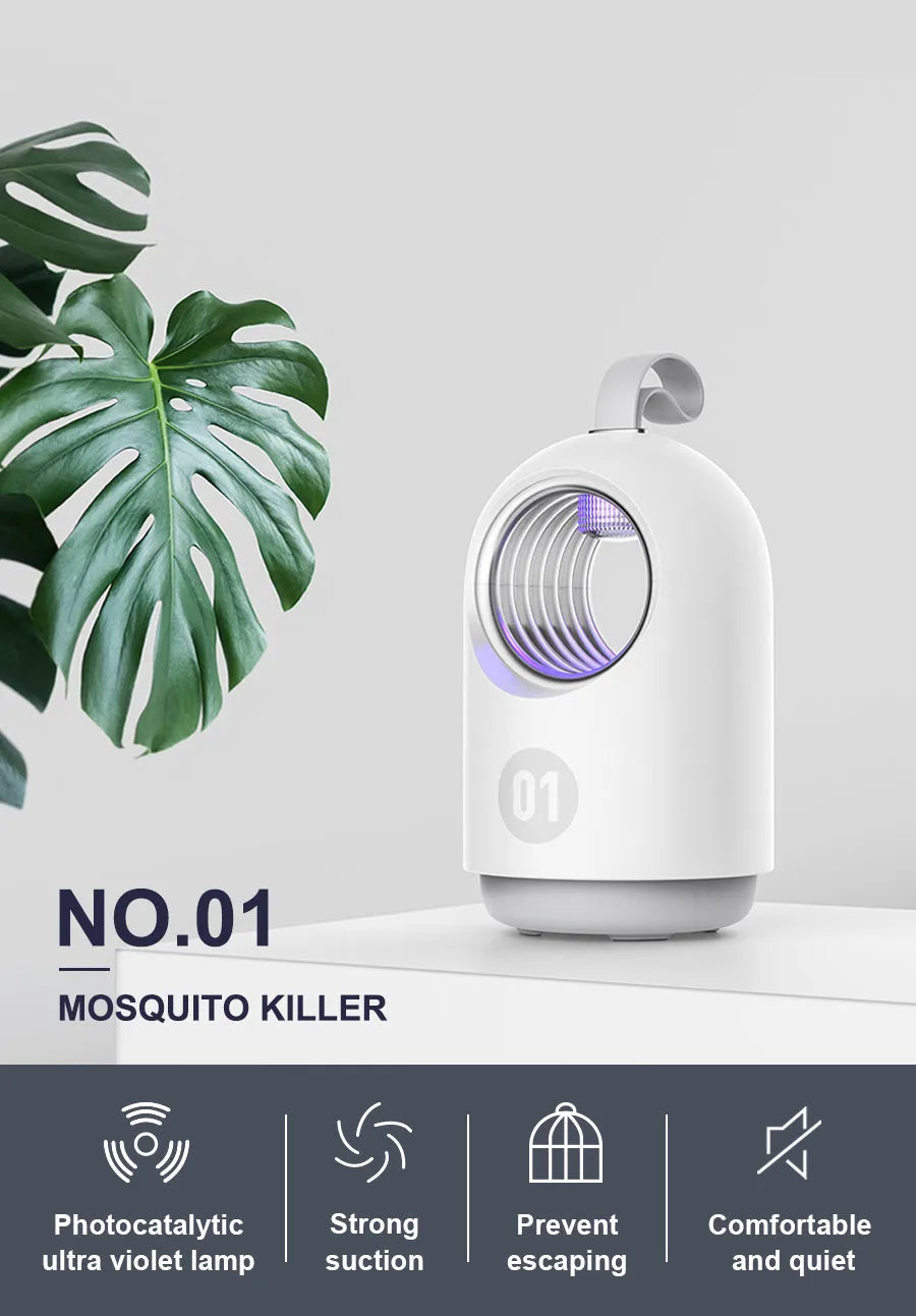 White or blue portable USB mosquito killer lamp with a top carry handle.