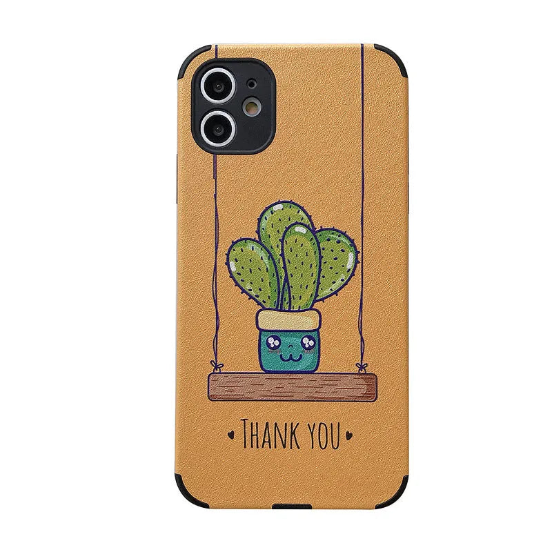 Cactus embossed iPhone case in blue or khaki, TPU and leather back cover with cartoon cactus design