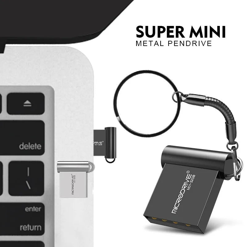 Mini metal USB flash drive with USB 2.0 interface in black or silver, available from 4GB to 128GB