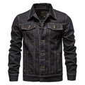Men's casual hooded blue denim jacket with lapel collar and thin construction