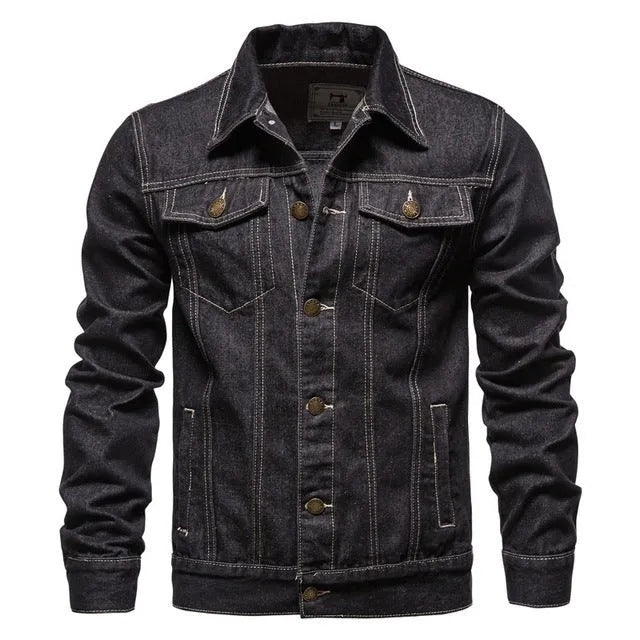 Men's casual hooded blue denim jacket with lapel collar and thin construction