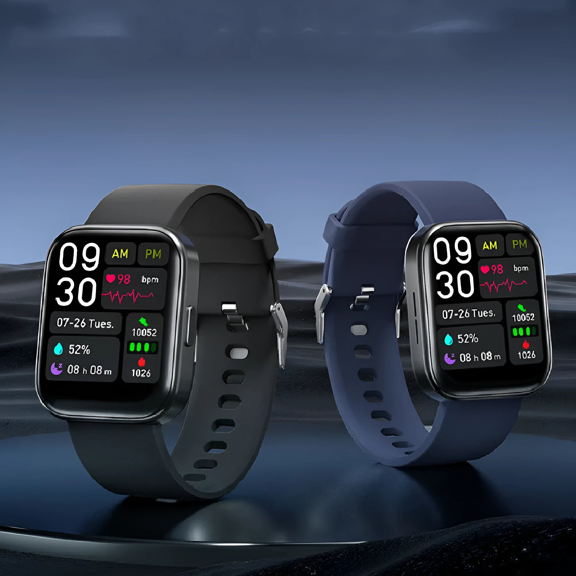 Smartwatch with 1.7 inch glass screen, heart rate blood oxygen sleep monitoring, and phone notifications, in blue colour