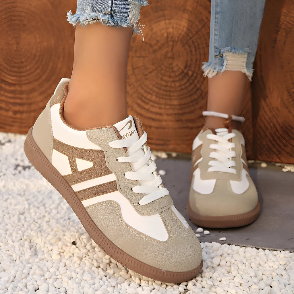 Women's retro colour matching lace-up jogging shoes with platform heel in black, grey, and khaki.