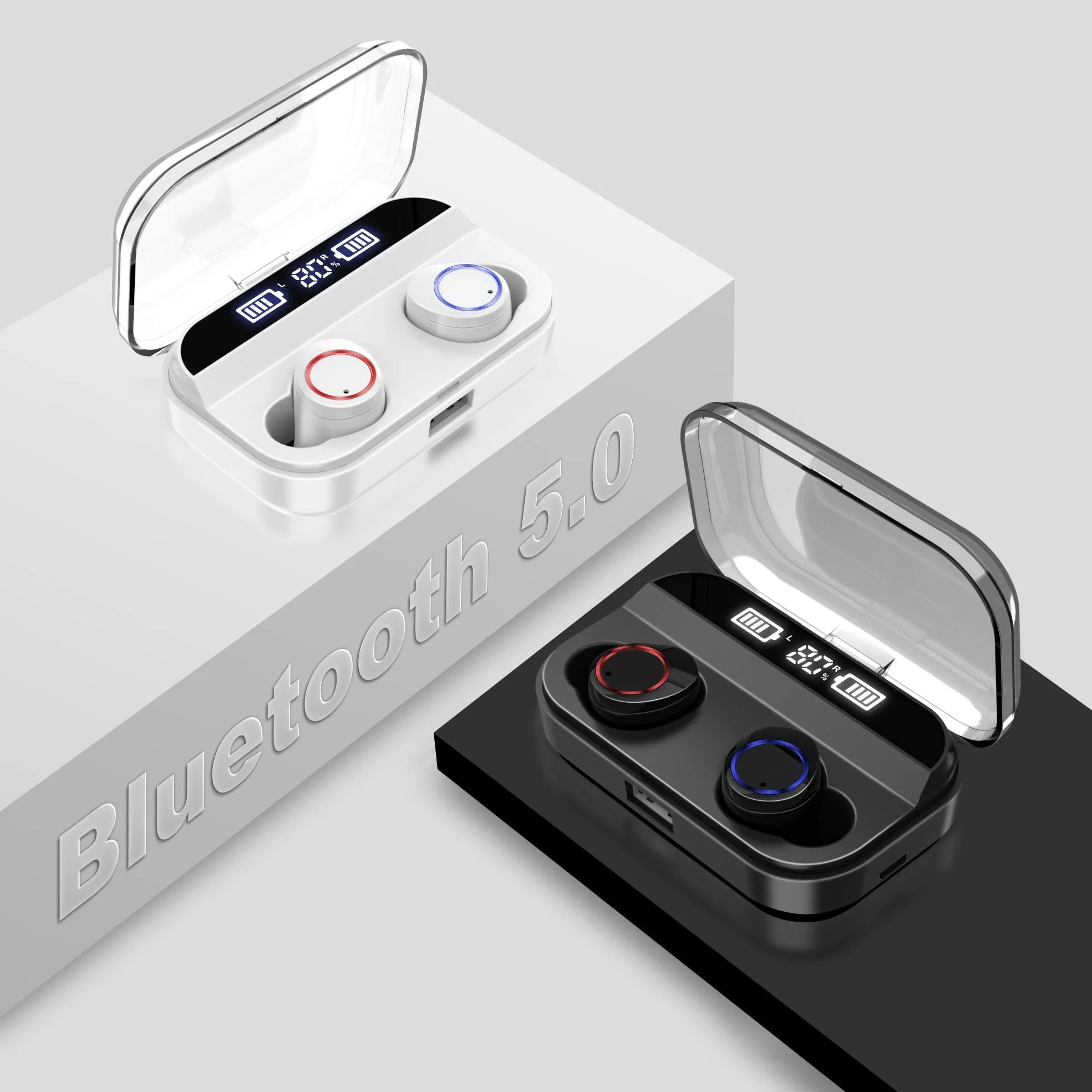 Black X11 Bluetooth wireless earbuds with touch controls and charging case with optional wireless charging