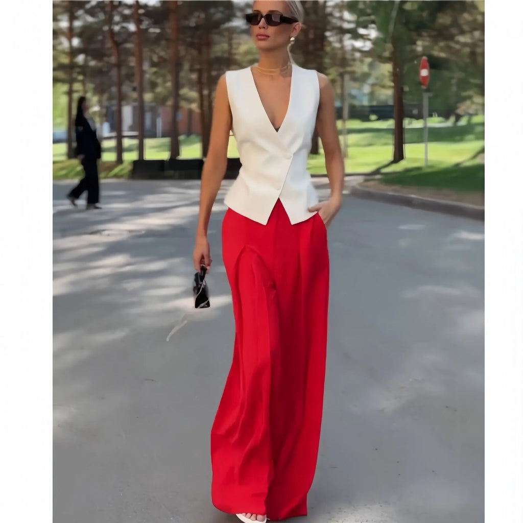 Women's beige deep V-neck sleeveless top and high-waist wide-leg trousers two-piece set