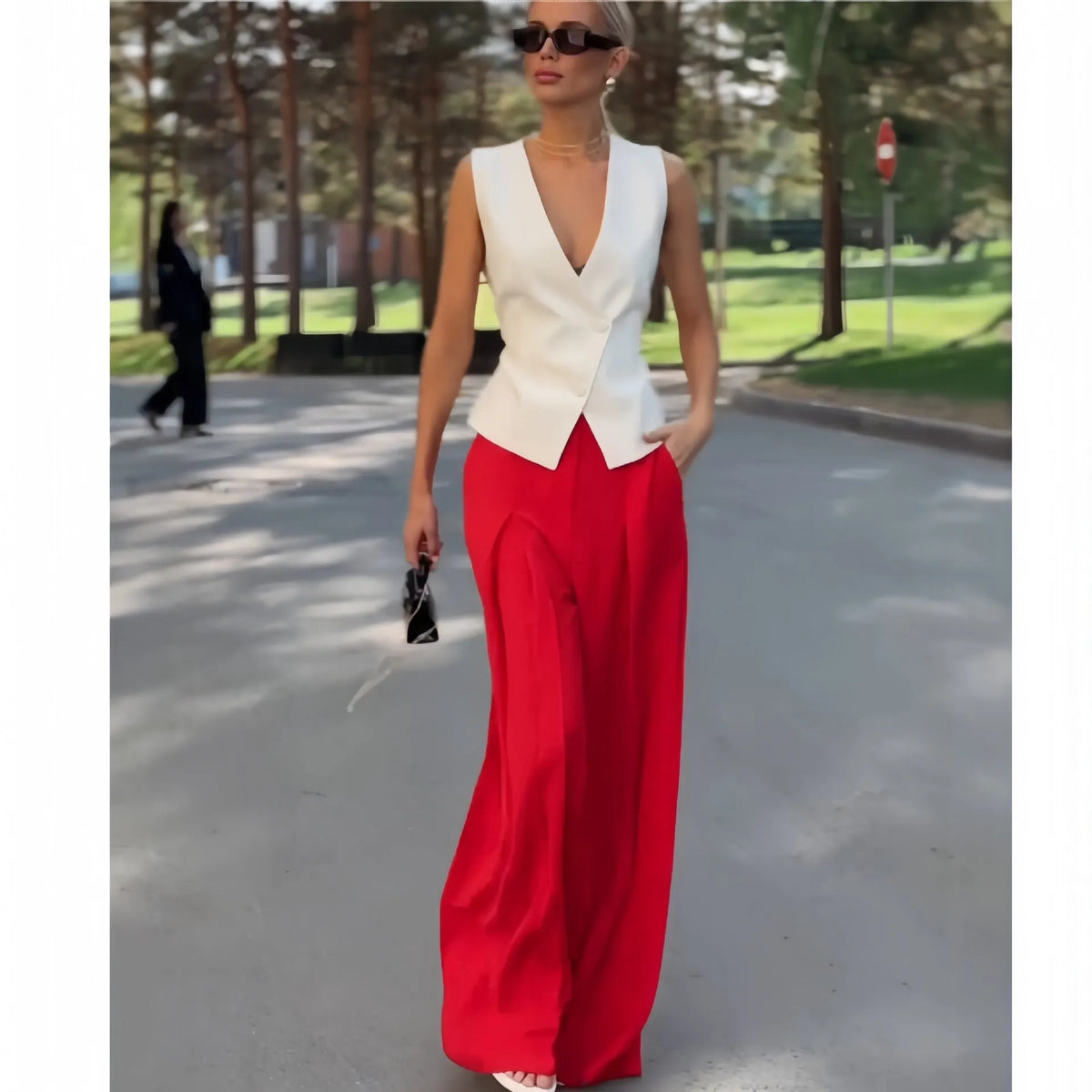 Women's beige deep V-neck sleeveless top and high-waist wide-leg trousers two-piece set