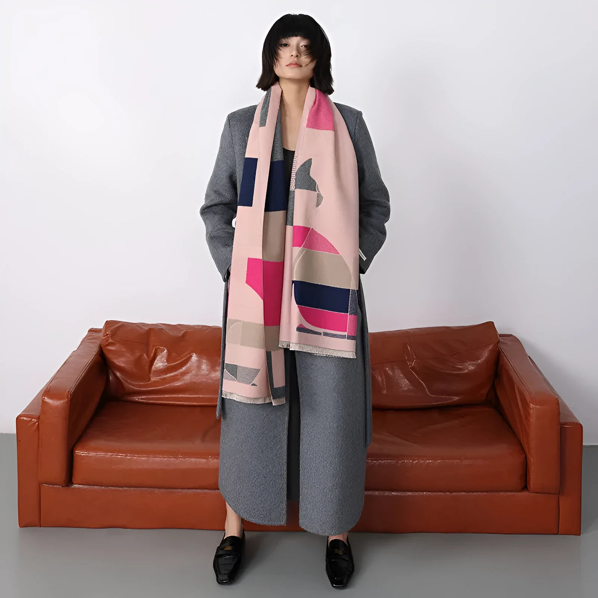 Long 185x65cm polyester autumn scarf in European style draped showing colour options