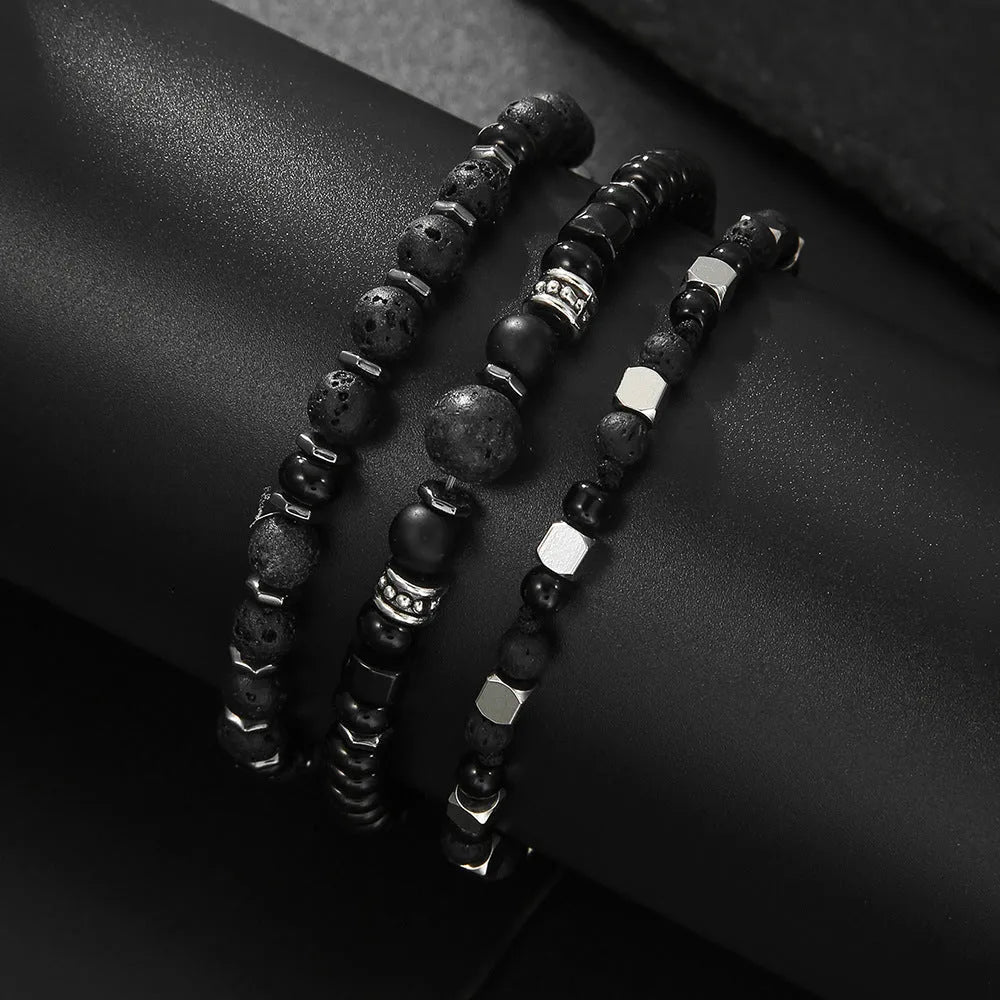 Hand-woven volcanic stone bracelet set of 3 with 18mm geometric beads in frosted finish, colours ZJ13132 and ZJ14266