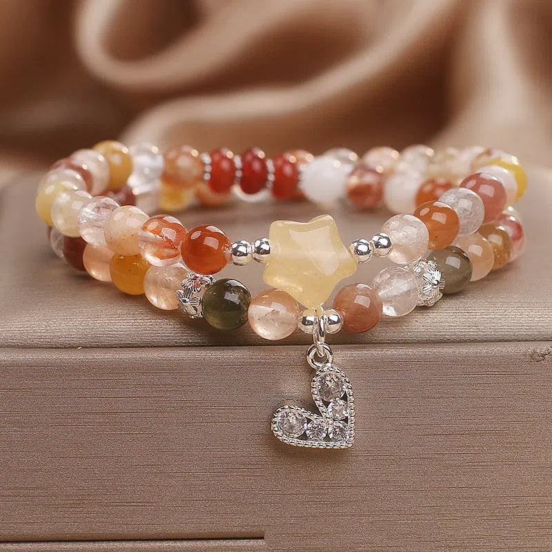 Natural stone women's bracelet with red crystal and double ring design