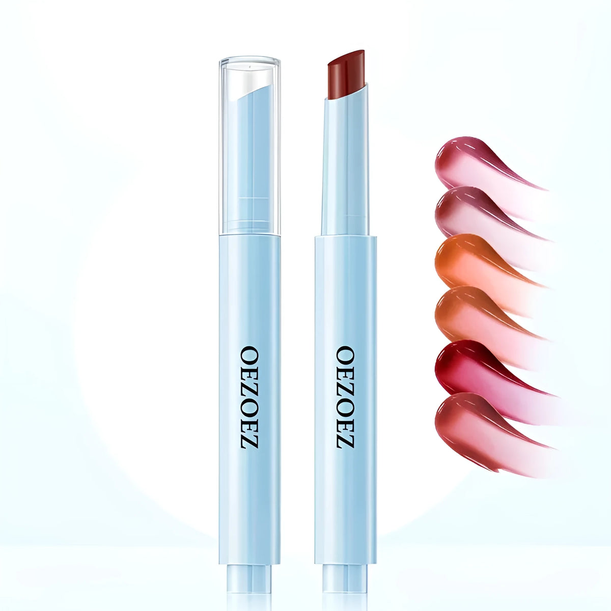 Waterproof and moisturising lipstick in a silver case, shown in one of six colour options from Z0033-G01 to Z0033-G06.