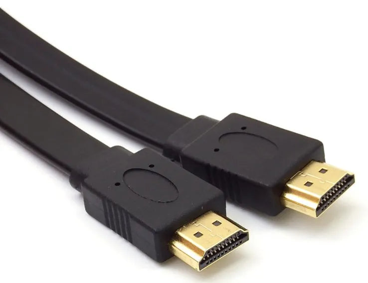 Flat HDMI cable with HDMI connectors showing length options from 0.3 metres to 10 metres