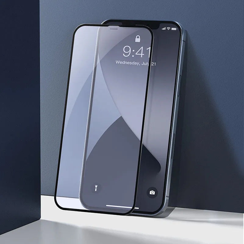 Black 0.23mm tempered glass screen protector for iPhone 12 mini with curved edges and anti-blue light filter