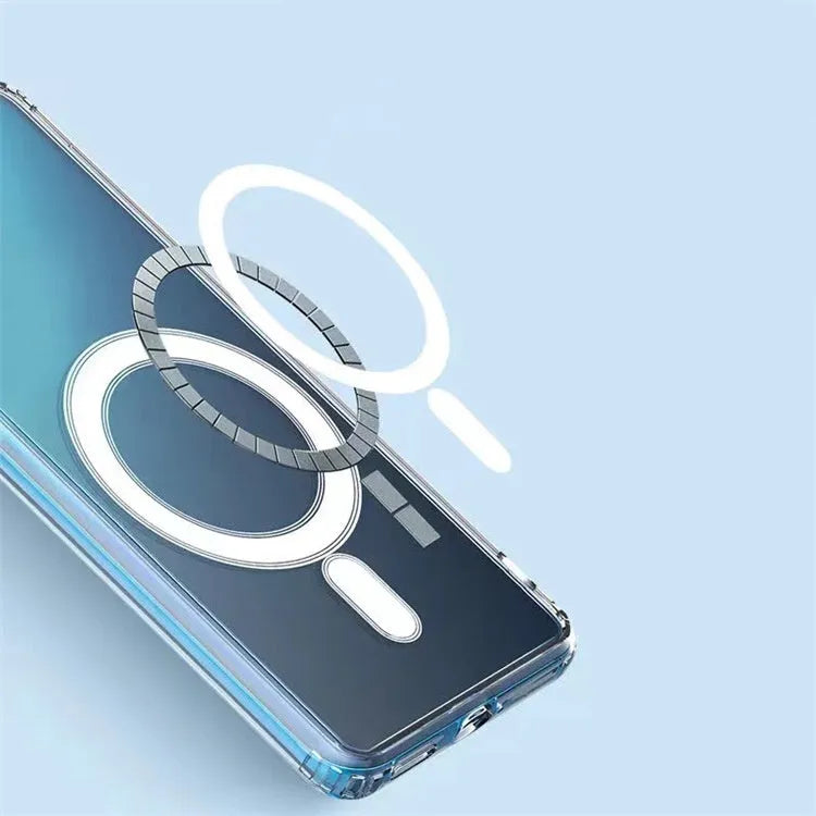 Transparent magnetic phone case for Samsung Galaxy with MagSafe compatibility showing magnetic ring