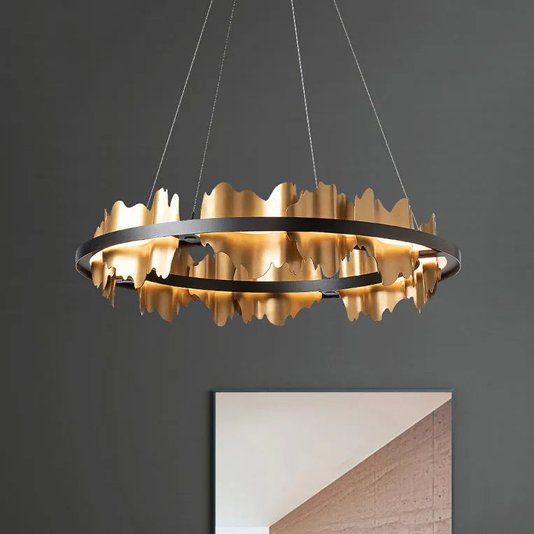 LED pendant lamp with organic glass body and iron construction, black or gold, 60cm or 80cm diameter